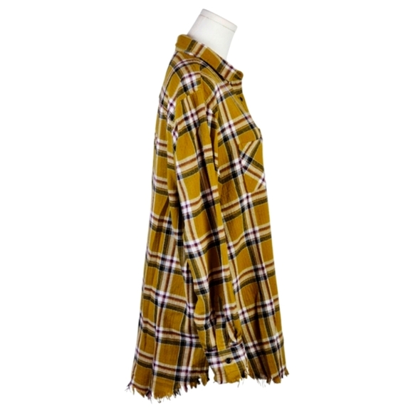 One 24 Rags Mustard Yellow Plaid Flannel Shirt L Raw Hem Distressed Cotton - Picture 4 of 7